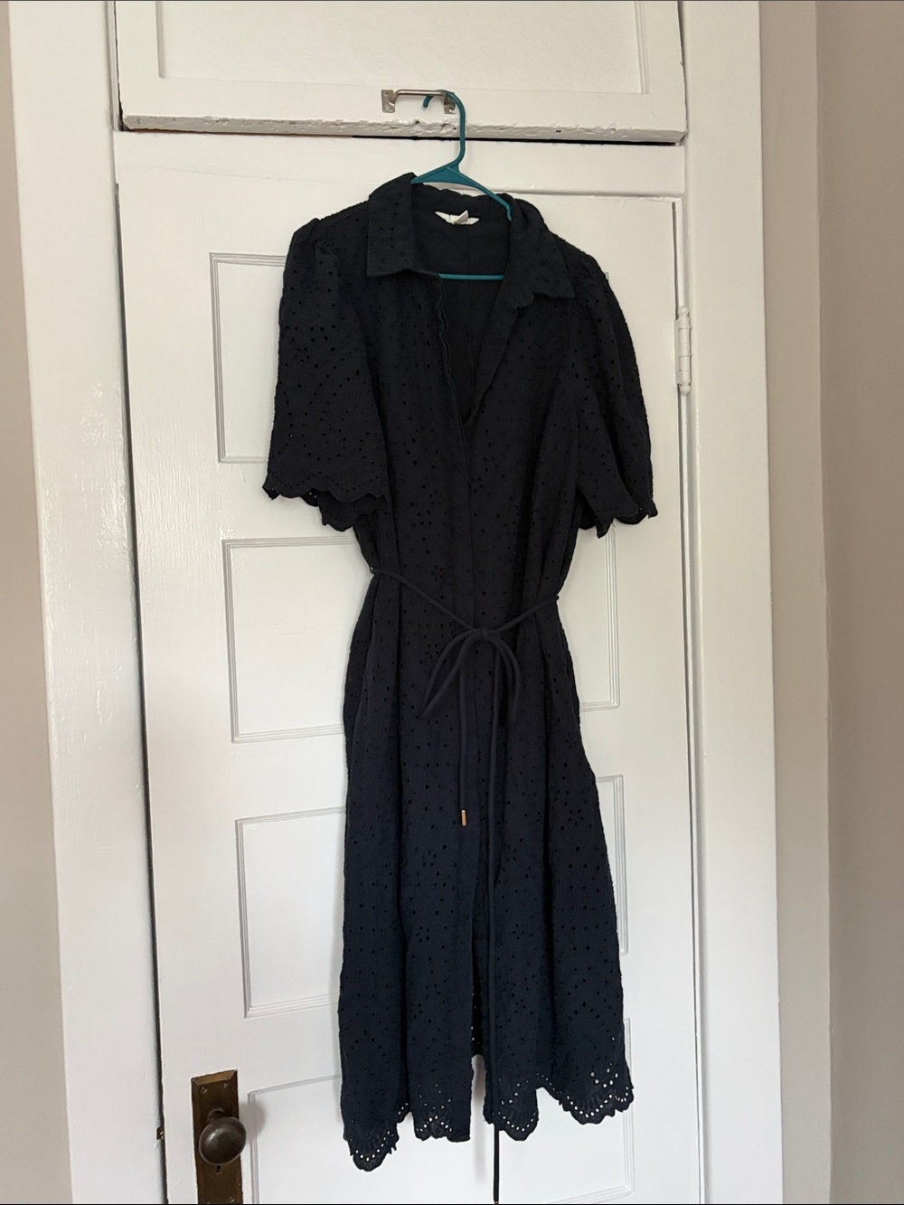 H&M Navy Eyelet Midi Dress with Tie Waist